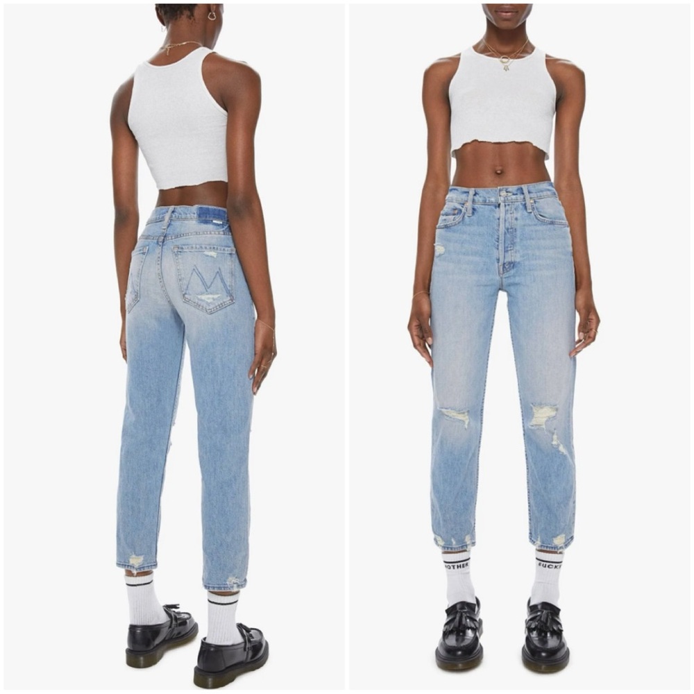 Mother Superior Jeans The Tomcat 27 Denim High Rise Straight Leg Distressed Crop